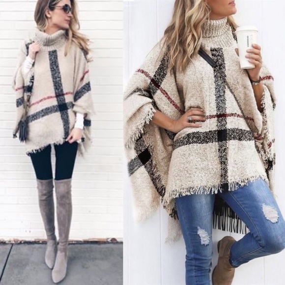 KismetsKloset Sweaters - 💥💥CLEARANCE MARKDOWN-LAST ONE ☝️ PLAID FRAYED HEM PONCHO-IVORY